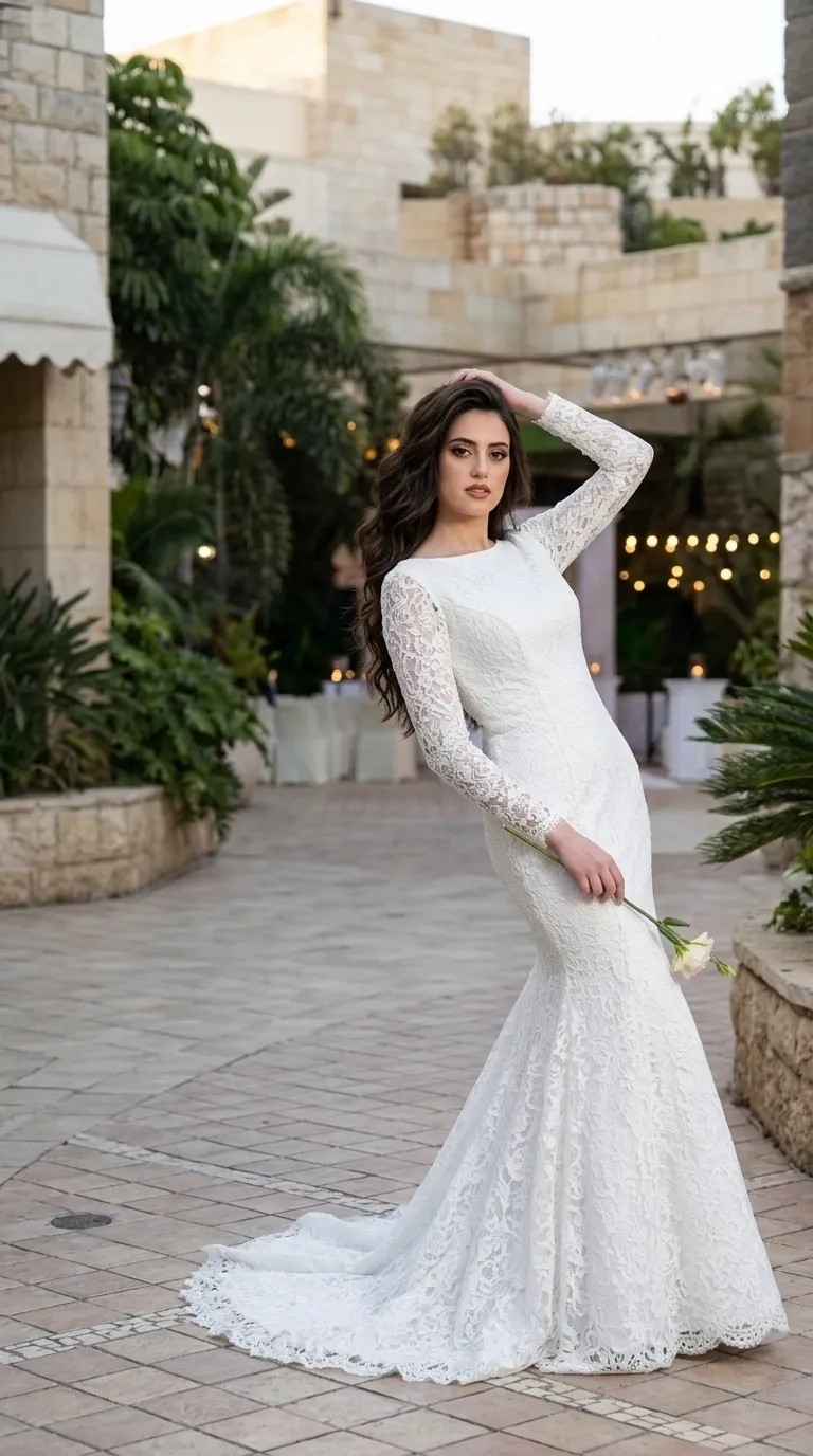 שמלת כלה לבנה עשויה כולה מתחרה עדינה בדוגמה פרחונית, בעלת שרוולים ארוכים וצווארון עגול וסגור. השמלה בגזרת בת-הים הצמודה לקימורי הגוף ומתרחבת בחלק התחתון לכדי שובל תחרה עגול המונח על הרצפה.