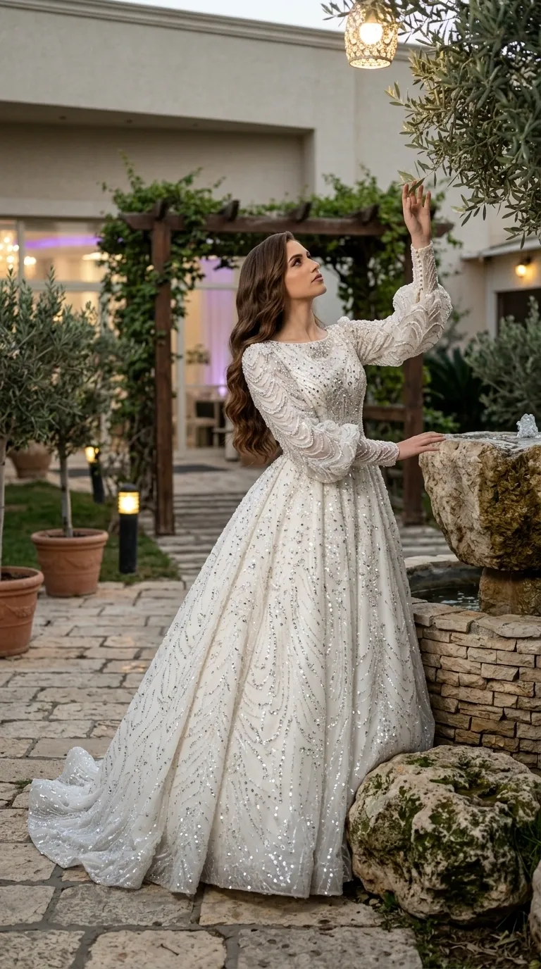 A full A-line wedding dress with a short train, made of white fabric decorated throughout with wavy and flowing patterns of sequins and sparkling silver beads. The dress has a modest round neckline and long, puffy "bishop" style sleeves that end in tight cuffs decorated with a delicate row of buttons. The overall look combines a rich and glamorous texture with a classic, princess silhouette that emphasizes the waistline.