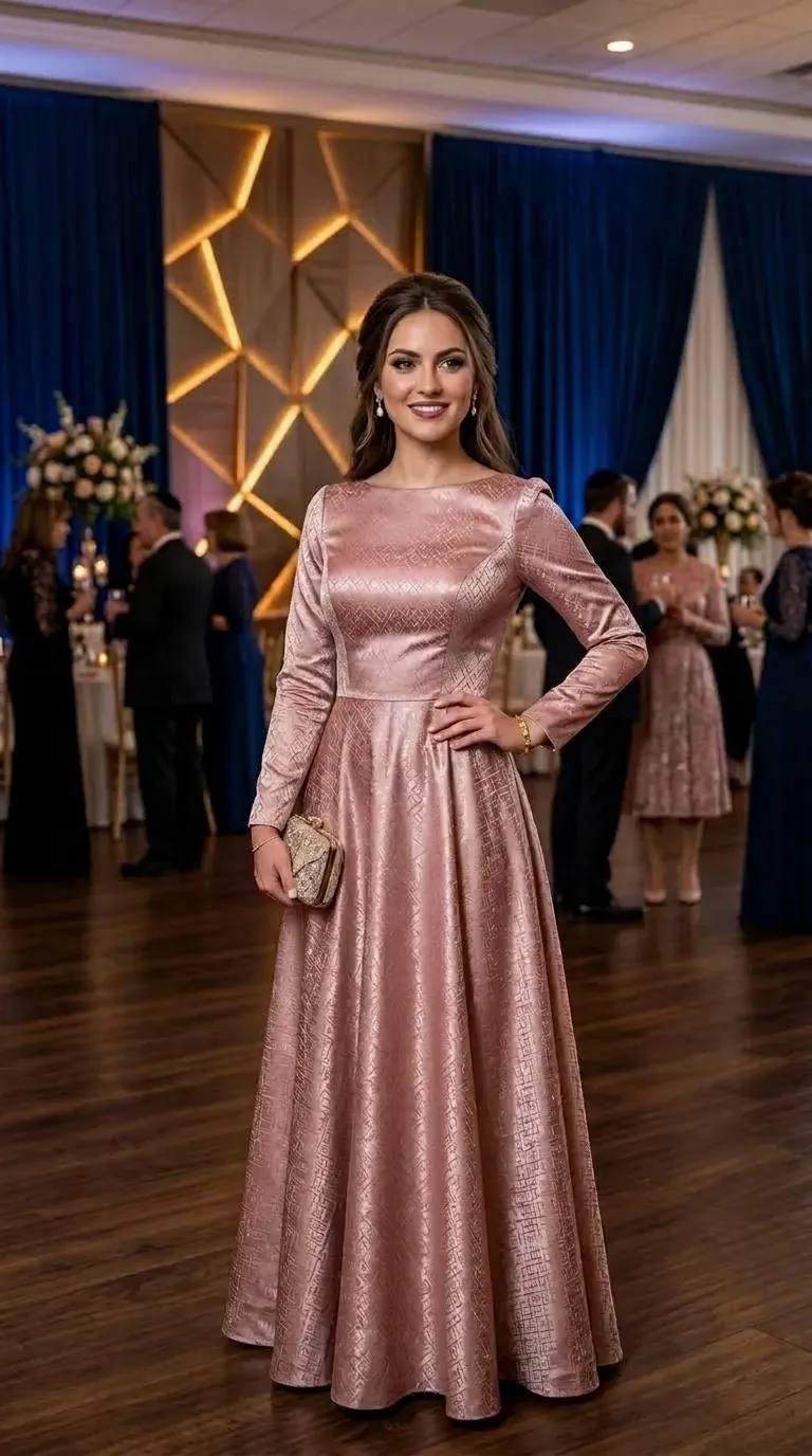 A-line long evening dress made of shiny jacquard fabric in an antique pink shade with a delicate geometric texture throughout. The dress has a high boat neckline and long, tight sleeves, with an accentuated waist and a wide skirt that flows to the floor. The design focuses on the shine and unique texture of the fabric without additional lace or beading.