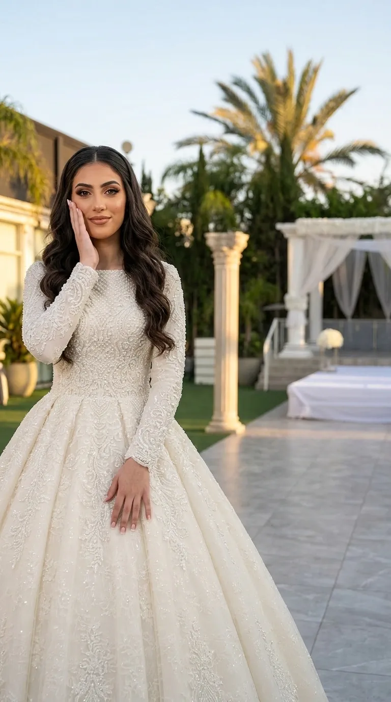 A cream-colored, puffy princess-cut wedding dress featuring long, fitted sleeves and a high, round neckline. The dress is adorned throughout with intricate lace embroidery, pearls, and delicate beads that create rich, symmetrical patterns on the bodice, sleeves, and skirt.