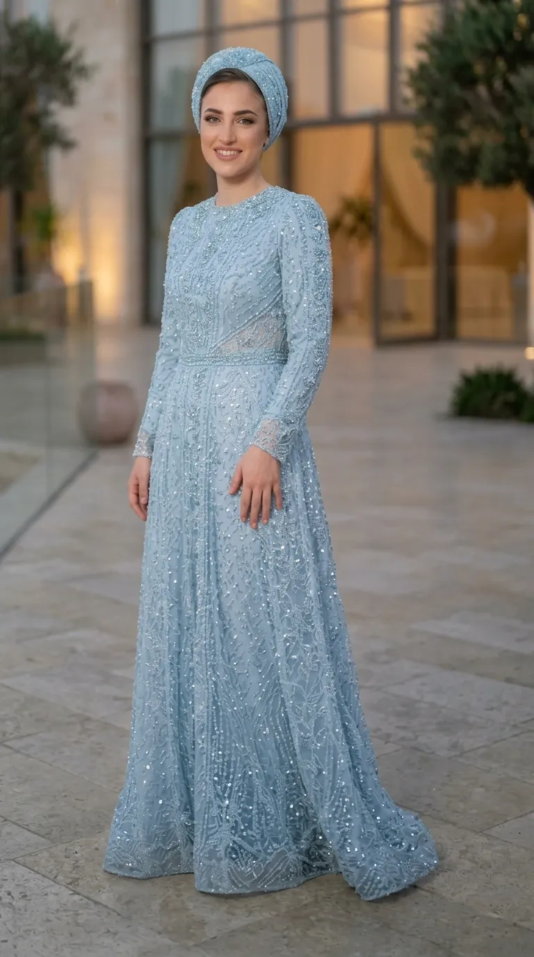 A light blue evening dress in a long A-line cut, with long sleeves and a high round neckline. The dress is made of a delicate fabric decorated throughout with a rich embroidery of sparkling beads and sequins in intricate geometric and floral patterns. The waistline is emphasized with matching beading that continues the uniform and ornate look of the garment.