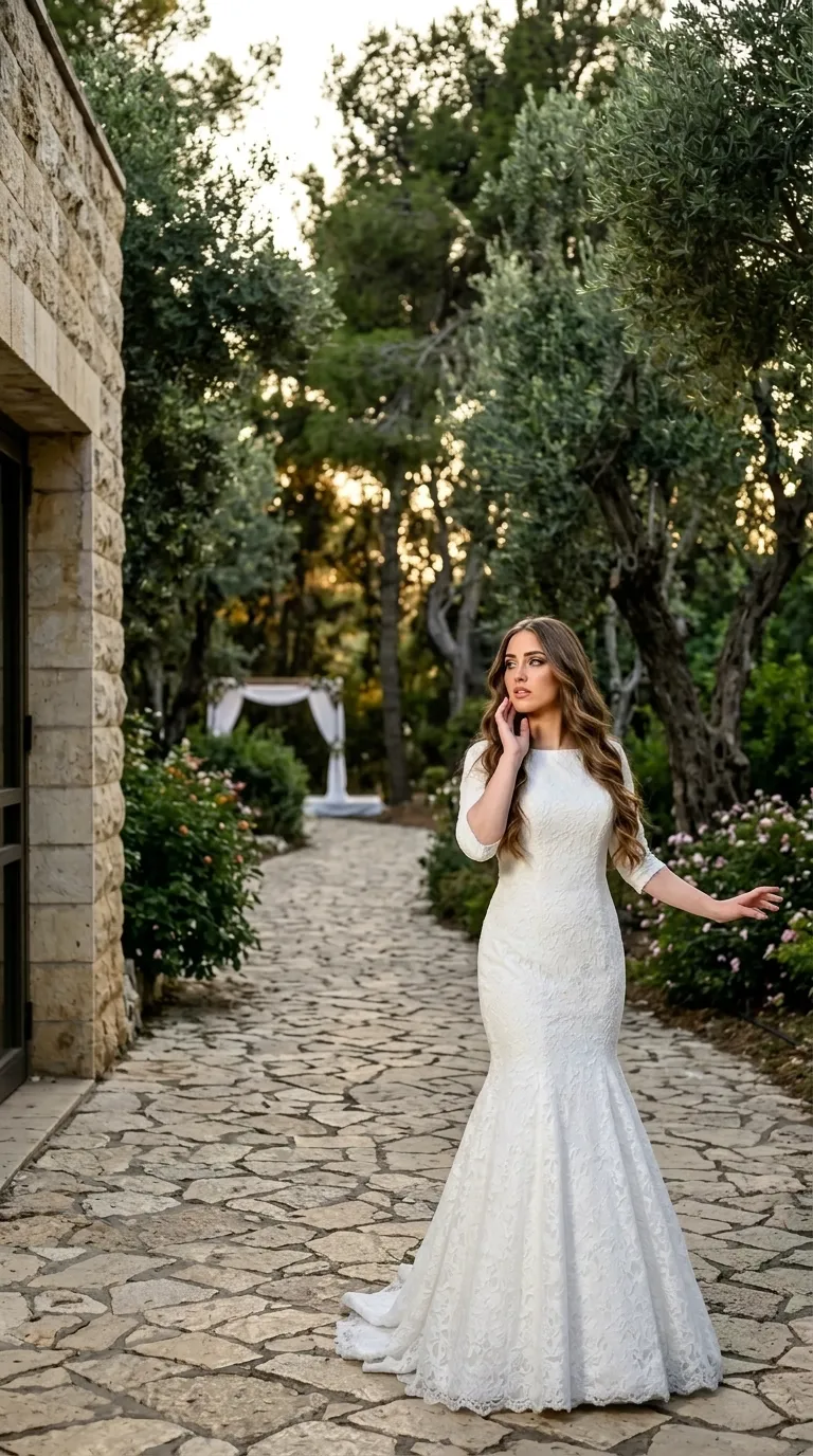 שמלת כלה לבנה בגזרת בת הים עשויה כולה מבד תחרה עם עיטורים פרחוניים עדינים, הכוללת מחשוף סירה סגור ושרוולי שלושה רבעים צמודים. השמלה מעוצבת בגזרה צמודה המתרחבת בהדרגה מהברכיים כלפי מטה ומסתיימת במכפלת תחרה מעוגלת.