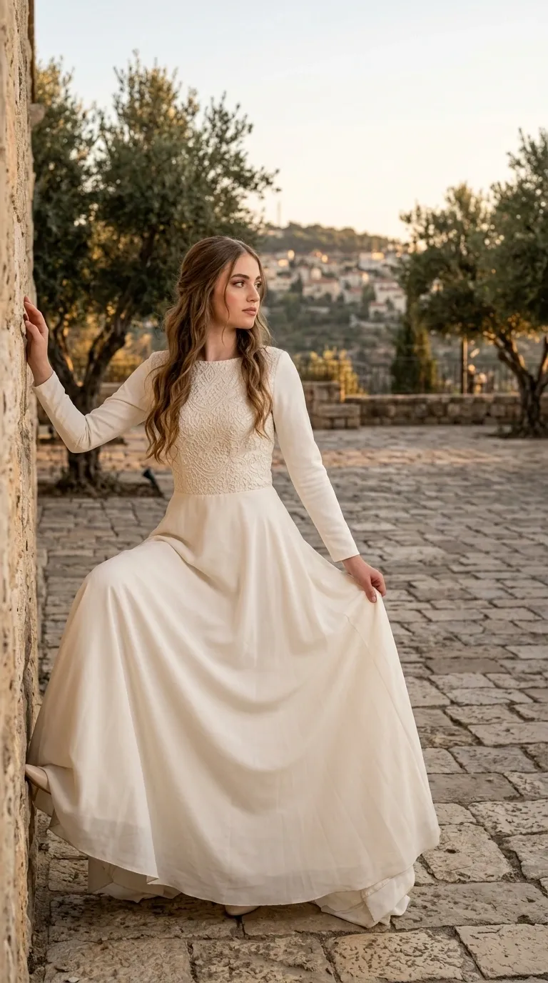 שמלת כלה בגוון שמנת הכוללת חלק עליון מעוטר בתחרה עשירה ודוגמאות רקומות, עם שרוולים ארוכים צמודים ומחשוף עגול וגבוה. לשמלה חצאית ארוכה ונשפכת בגזרת A העשויה מבד חלק ורך למראה קלאסי ואלגנטי.