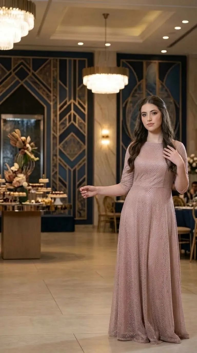 A long, A-line evening dress in antique pink, made of shimmering fabric with a geometric pattern of diagonal zigzag lines throughout. The dress features a closed round neckline, fitted elbow-length sleeves, and a flowing skirt that reaches the floor.