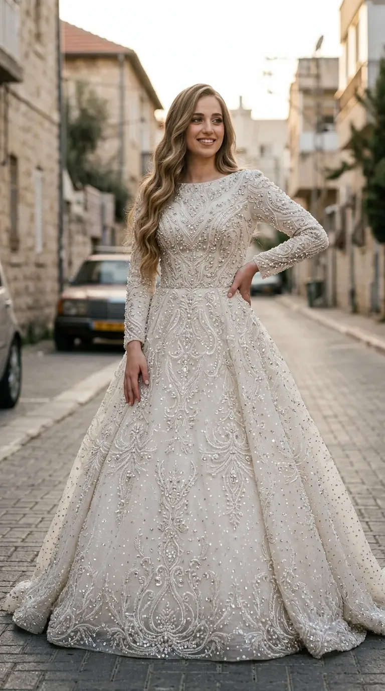 שמלת כלה בגזרת "פרינסס" נפוחה עם שרוולים ארוכים וצמודים ומחשוף סירה גבוה וסגור. השמלה עשויה מבד עשיר המכוסה כולו בעבודת יד מורכבת של חרוזים, פנינים ופאייטים בדוגמאות ערבסקות ופרחים הנמשכות מהכתפיים ועד למכפלת. העיטורים המנצנצים יוצרים מראה יוקרתי ומפורט על פני כל שטח הבגד, כולל החצאית הרחבה והשרוולים.