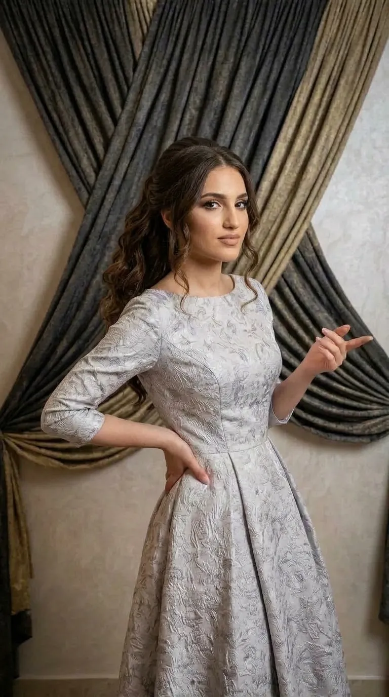 A silver evening dress made of jacquard fabric with a prominent floral texture, featuring three-quarter length sleeves and a high round neckline. The dress is fitted at the waist and flares into a rich skirt with fabric gathers that give it volume and classic structure.