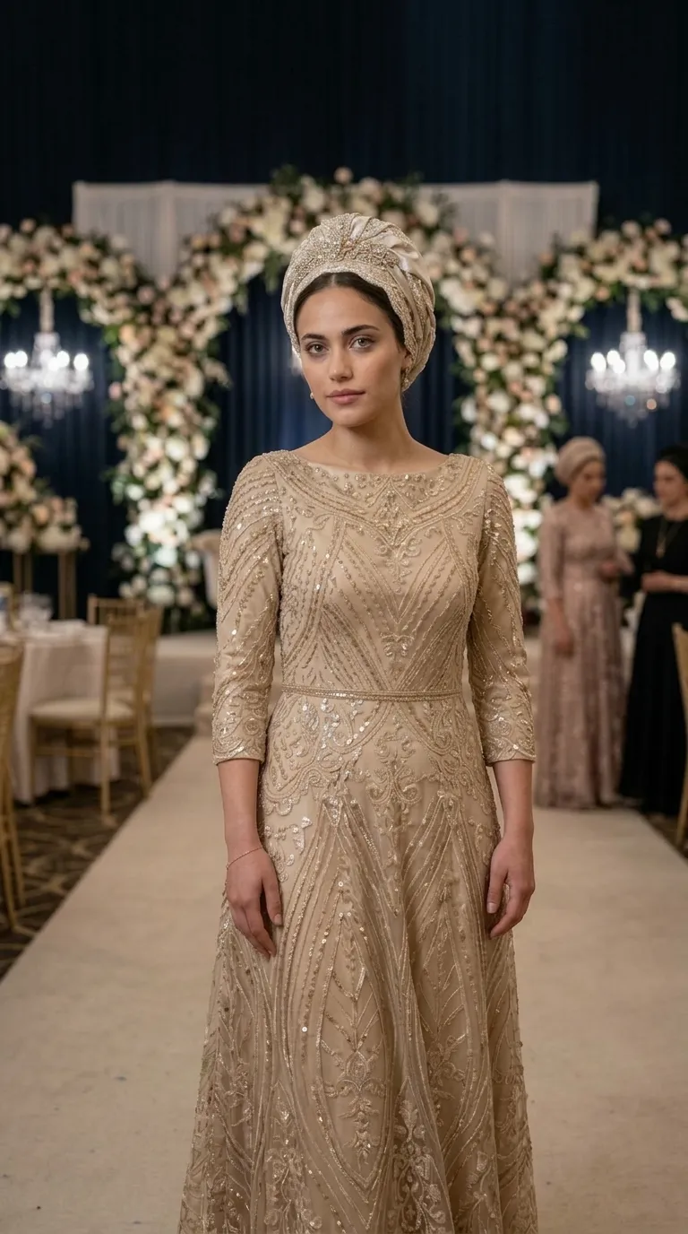 A champagne-colored A-line evening gown, adorned throughout with intricate lace embroidery, sequins, and shimmering beads in geometric and floral patterns. The dress features three-quarter sleeves, a boat neckline, and a thin waistband, and is paired with a matching turban-style headpiece adorned with the same elements of embroidery and rhyme.