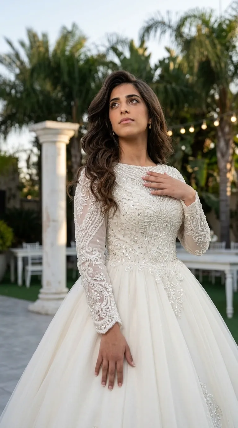 A princess-cut wedding dress with a puffy tulle skirt and a fitted bodice featuring a high round neckline and long sleeves. The bodice and sleeves are made of semi-sheer fabric decorated with rich lace embroidery, beads and pearls in intricate ornamental patterns. The shimmering embellishments blend harmoniously along the sleeves and gently flow into the top of the skirt.