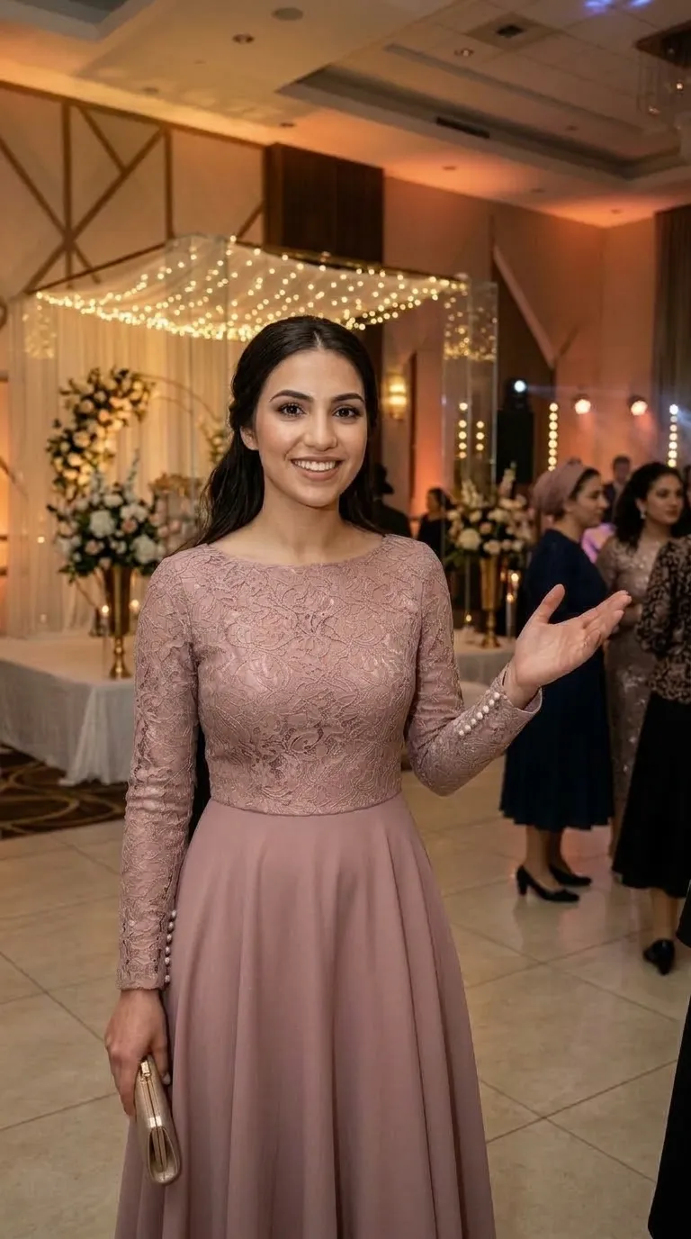 An antique pink evening gown featuring a floral lace top and long sleeves, adorned with small pearl buttons at the wrists. The dress has a modest boat neckline and a flowing maxi skirt made of smooth fabric in an A-line cut that flares from the waist.