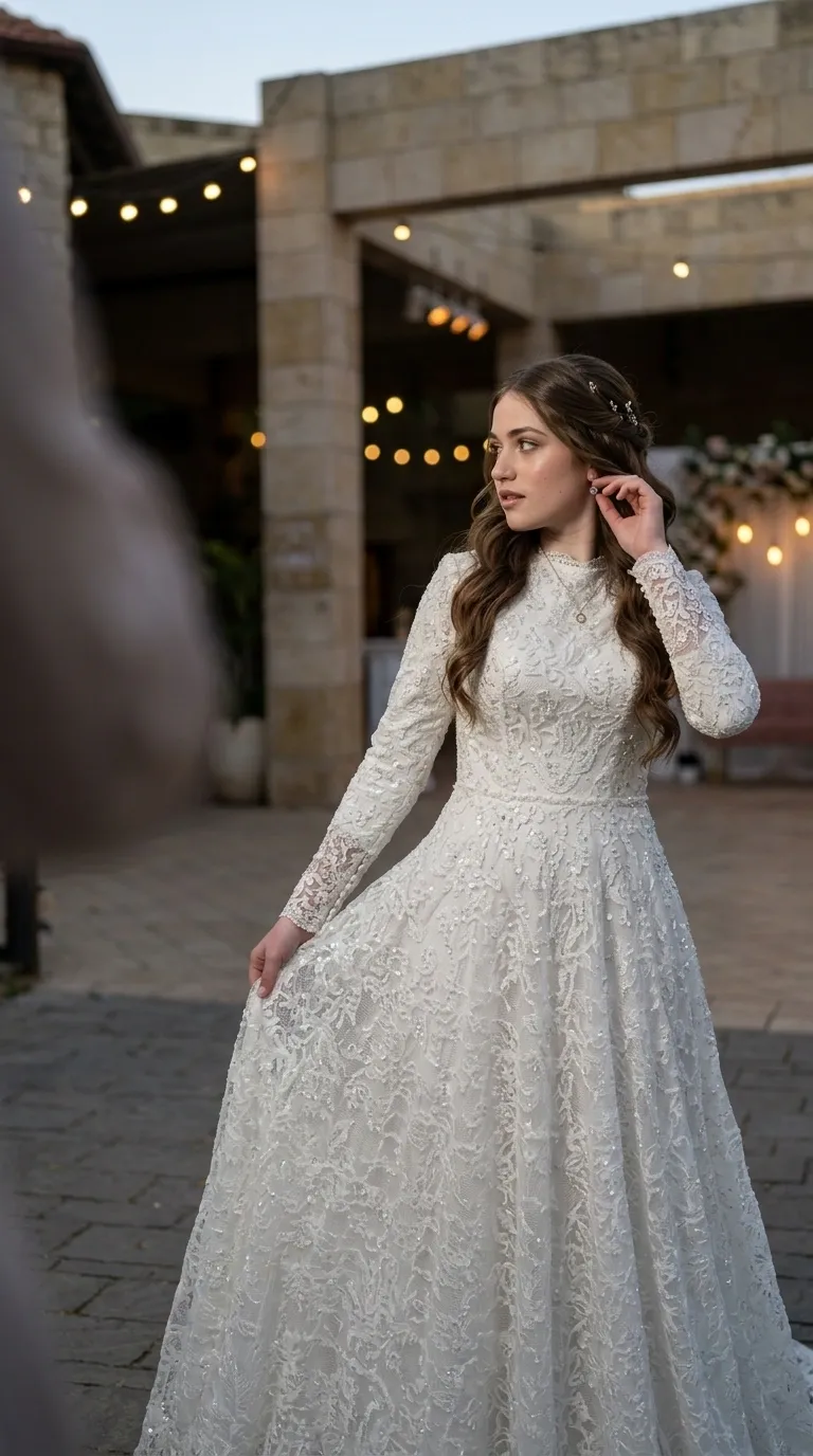 שמלת כלה לבנה בגזרת A הכוללת צווארון גבוה ושרוולים ארוכים וצמודים המעוטרים בתחרה עדינה. השמלה עשויה מבד תחרה עשיר עם דוגמאות פרחוניות ומשובצת בחרוזים ופאייטים מנצנצים לכל אורכה. הגזרה מאופיינת במותן מודגשת וחצאית רחבה ונשפכת המכוסה בעיטורי תחרה מורכבים.