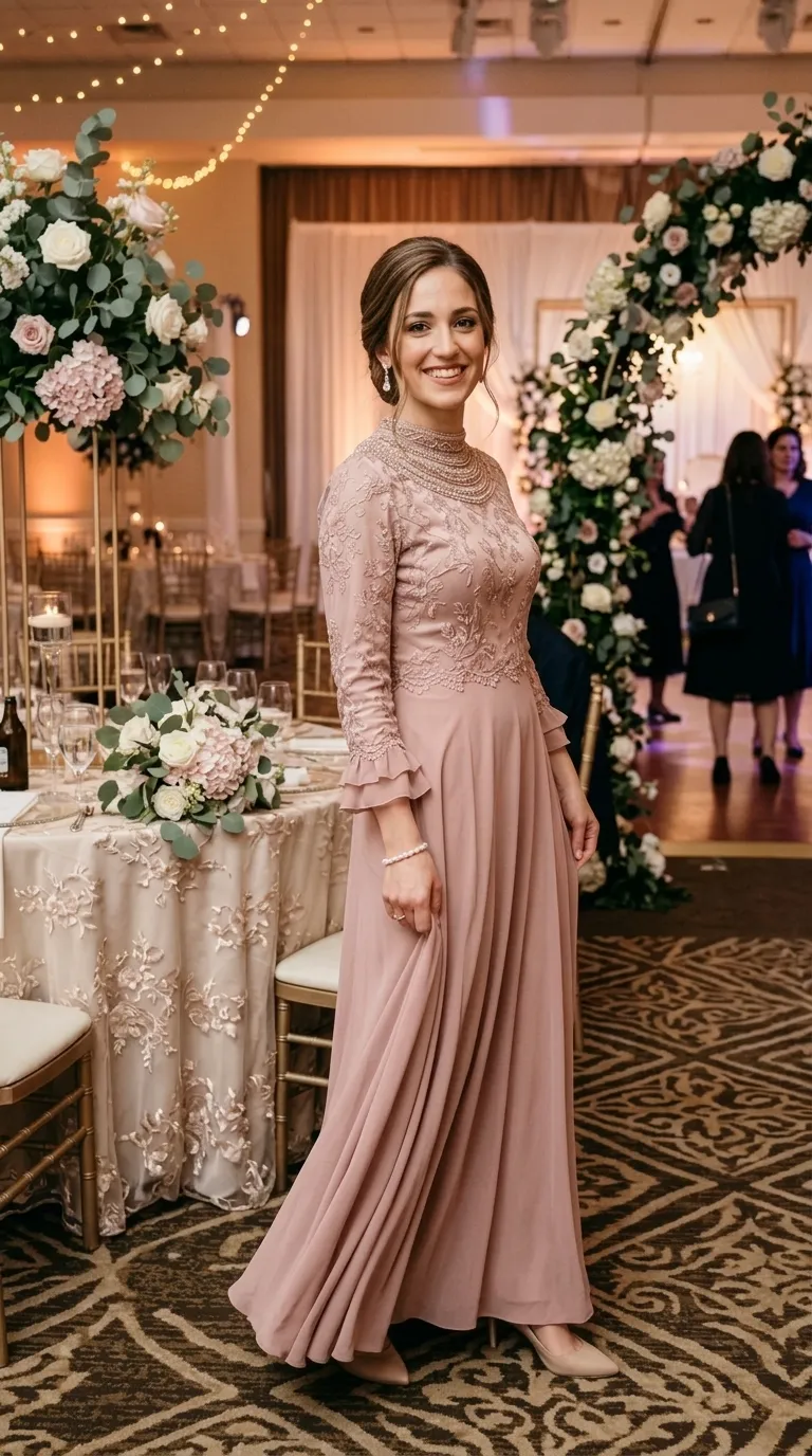 An antique pink evening dress in an A-line cut with a flowing chiffon skirt and a top decorated with rich floral lace embroidery. The dress has a high neckline decorated with dense rows of pearls and beads, and long sleeves with a muslin extension that flares at the wrist.