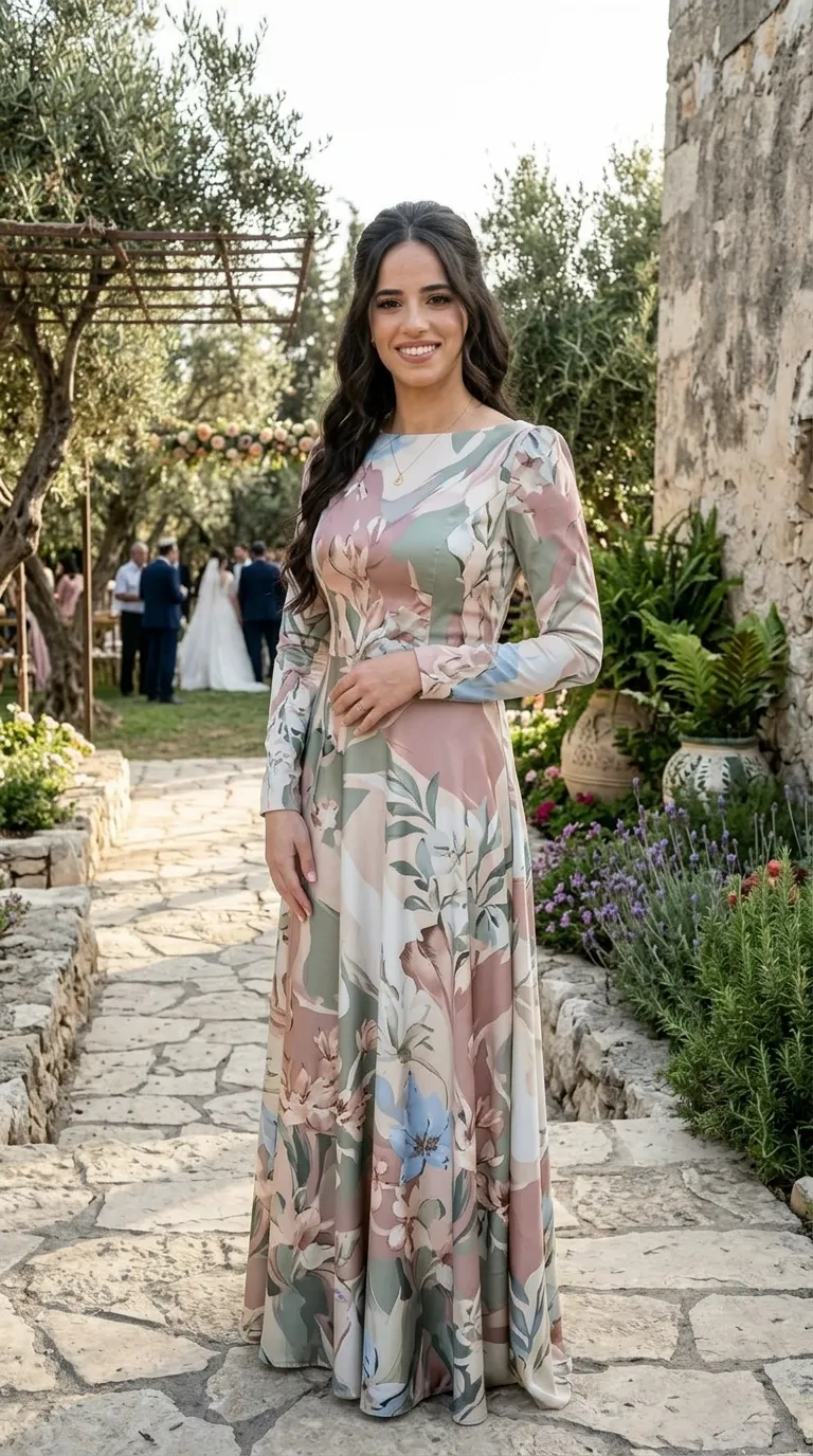 A-line maxi dress made of smooth fabric with an abstract floral print in shades of antique pink, sage green, and light blue. The dress has a boat neckline and long sleeves designed with subtle volume at the shoulders and a tight finish at the wrist, without lace or beading.