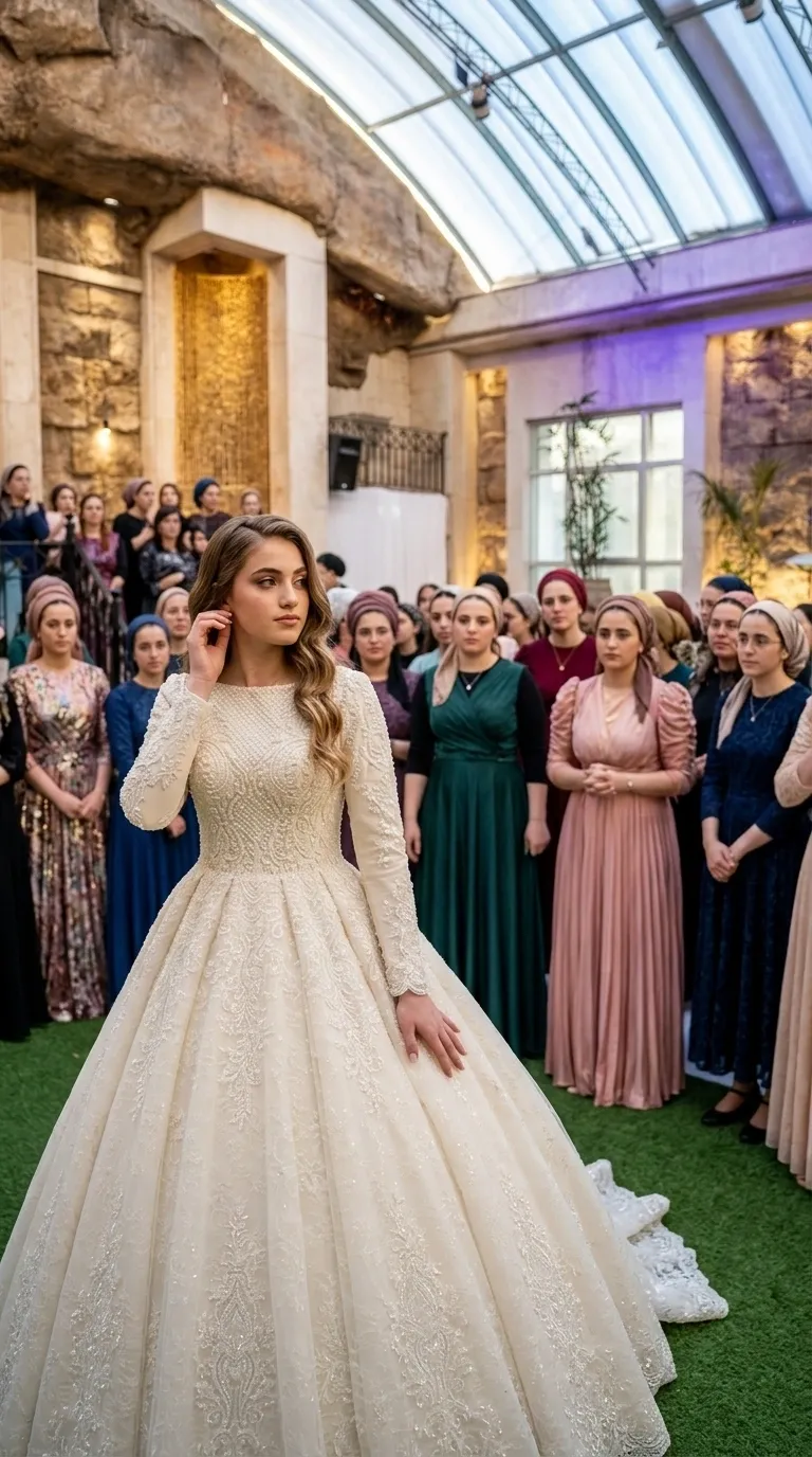 A cream-colored wedding dress with a puffy princess cut, featuring a closed round neckline and long, embellished sleeves. The dress is made of tulle and is woven with delicate lace, pearls, and shimmering beads that create intricate patterns across the top and wide skirt.