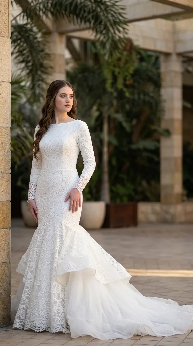 שמלת כלה לבנה בגזרת בת הים עם שרוולים ארוכים ומחשוף סירה גבוה, העשויה כולה מתחרה בדוגמת פרחים עדינה הצמודה לגוף. מחלק הירכיים השמלה מתרחבת לשכבות נפחיות של תחרה וטול רך היוצרות שובל ארוך ומרשים מאחור.
