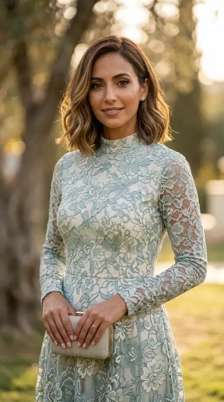 A fitted evening dress with a flared skirt, made of lace fabric with a sage green floral pattern on a light lining. The dress has a high collar and long, semi-sheer sleeves decorated with delicate lace throughout.