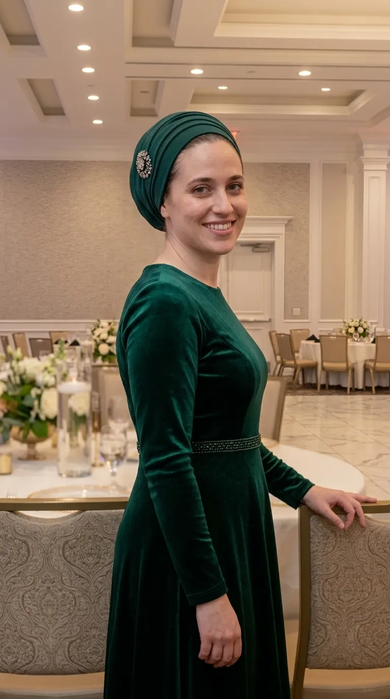 A bottle green velvet evening dress with a flared silhouette, long, fitted sleeves, and a high round neckline. The dress features thin, dark beading that accentuates the waistline, and is accompanied by a matching headpiece adorned with a sparkling stone brooch.
