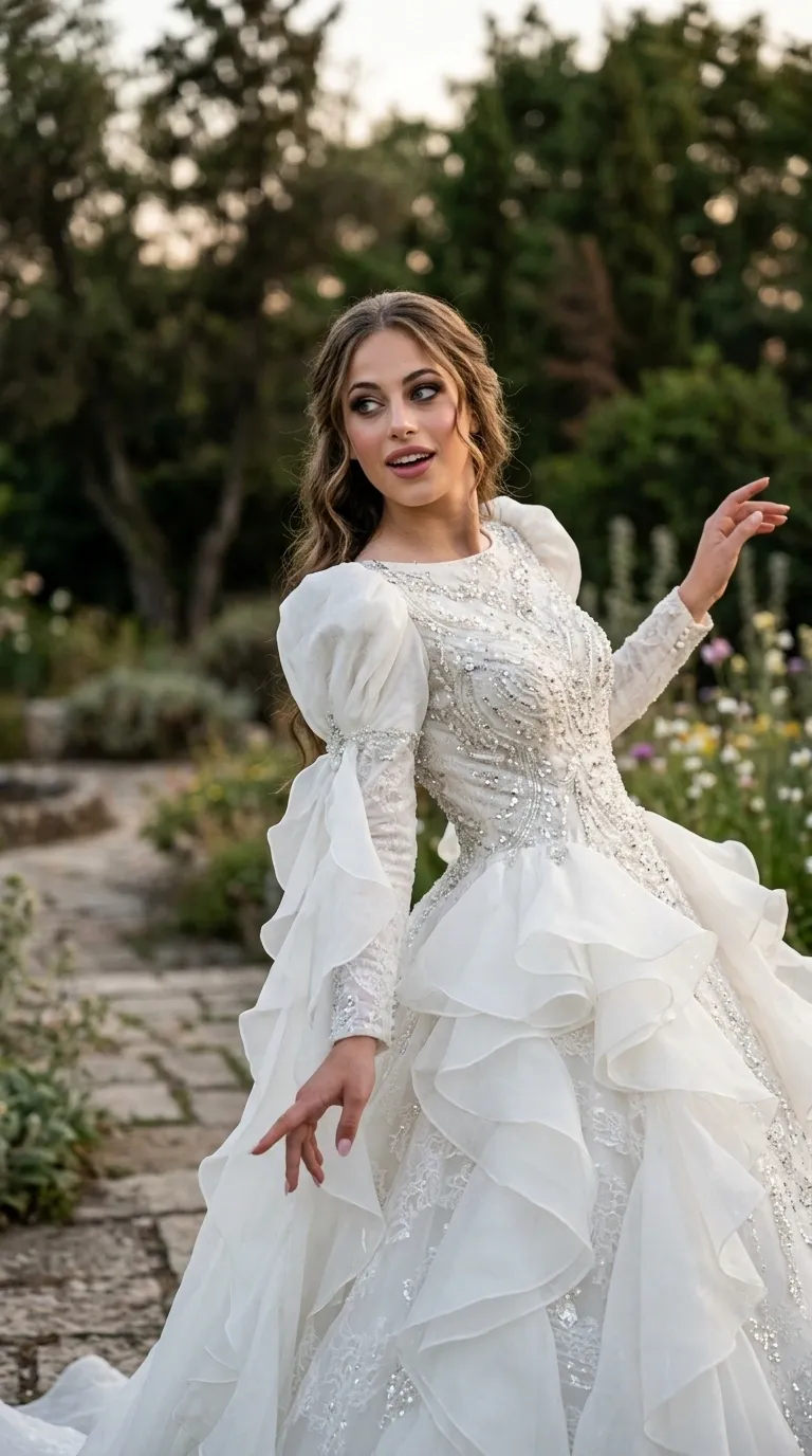 A white wedding dress with a puffy cut and a closed round neckline, richly decorated with hand-crafted beads, sequins and delicate lace embroidery along the body. The dress features long sleeves with puffy shoulders and flowing ruffles, and a multi-layered skirt of organza and tulle that rests in puffy waves over a shimmering lace base.