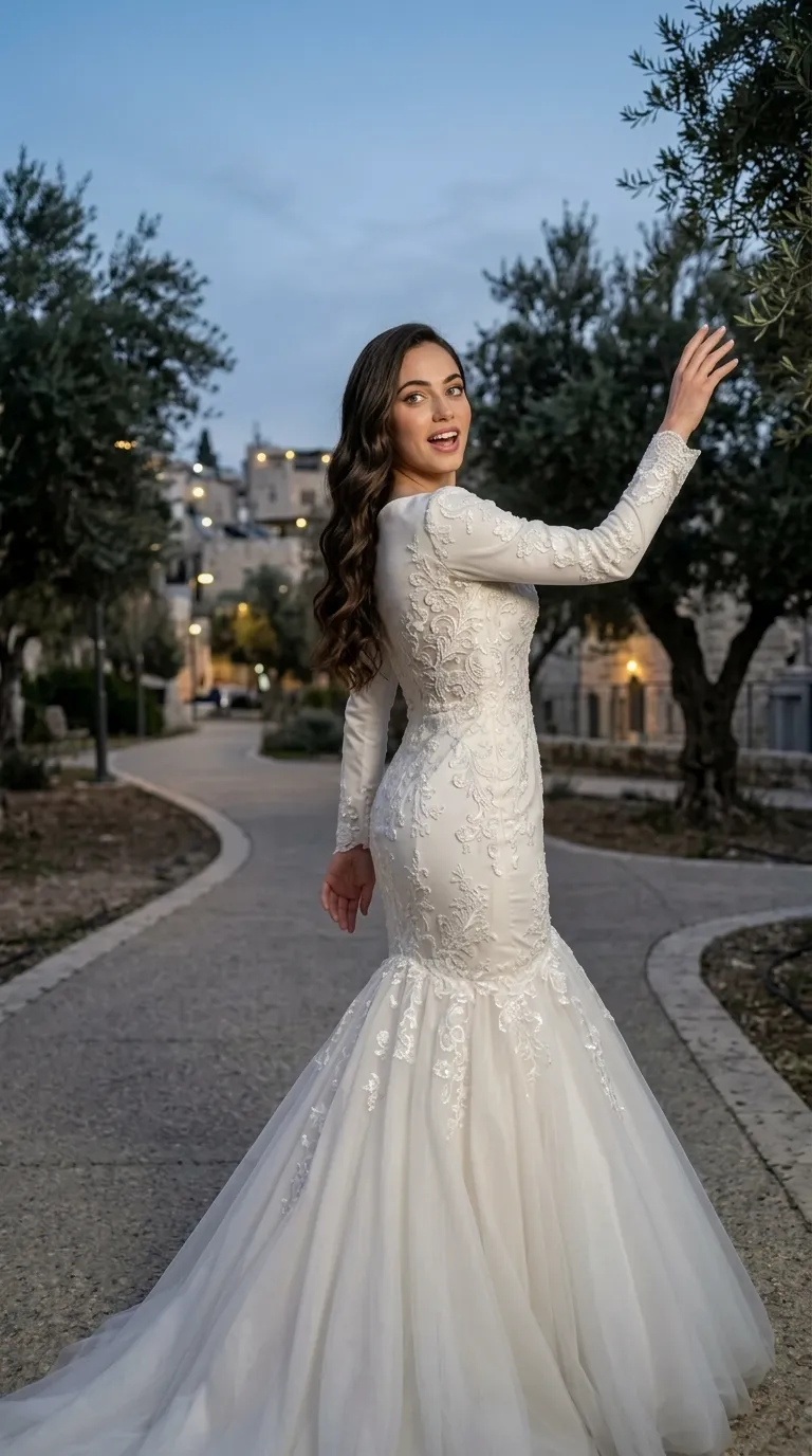 שמלת כלה לבנה בגזרת בת-ים עם שרוולים ארוכים וצווארון סגור, המעוטרת לכל אורכה ובשרווליה ברקמת תחרה עשירה בדוגמאות פרחוניות. חלקה התחתון של השמלה מתרחב מהברכיים ומטה בשכבות רבות של בד טול אוורירי היוצרות נפח ושובל ארוך.