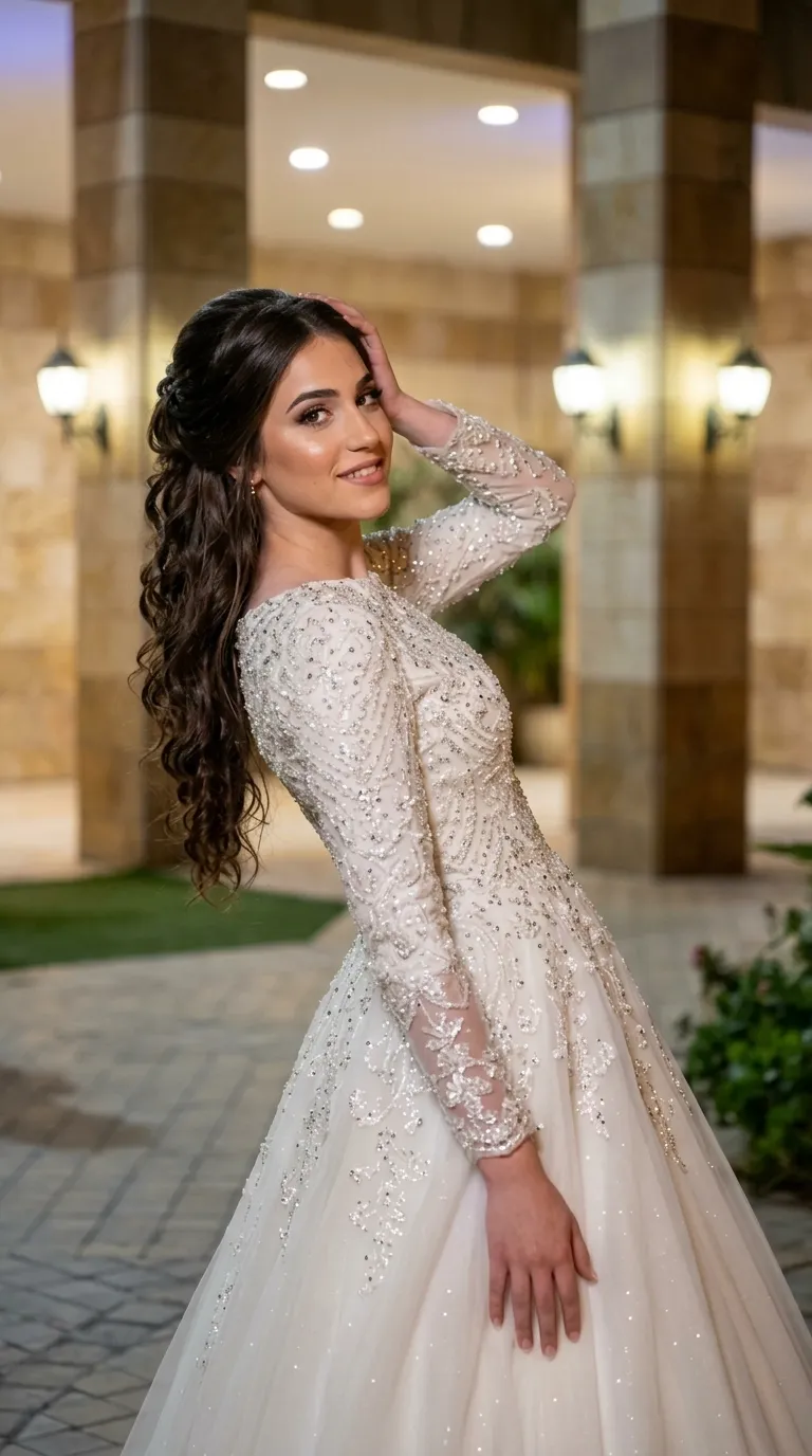 שמלת כלה בגוון לבן עם מחשוף עגול ושרוולים ארוכים וצמודים, המעוטרת בעבודת יד עשירה של חרוזים, פאייטים ורקמה בדוגמאות גיאומטריות. השמלה בעלת גזרה המשלבת חלק עליון מחטב וחצאית נפוחה ורחבה העשויה משכבות בד טול עדין עם עיטורים המשתלבים מהמותניים ומטה.