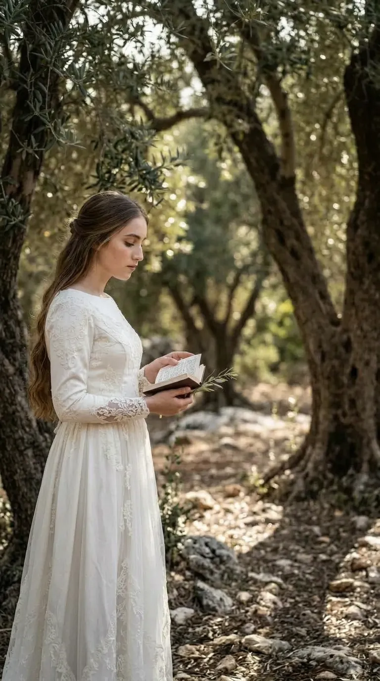 שמלת כלה בגוון שמנת בעלת גזרה נשפכת עם מותן מוגבהת וצווארון עגול סגור. החלק העליון והשרוולים הארוכים מעוטרים ברקמת תחרה עדינה המסתיימת בחפתים שקופים, בעוד החצאית עשויה מבד קליל ושכבתי המשלב עיטורי תחרה לאורכה.