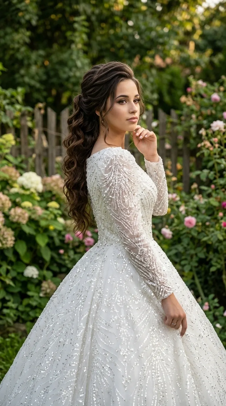 A white wedding dress in a puffy princess cut, with long, fitted sleeves and a high, round neckline. The entire dress is adorned with rich embroidery of silver sequins and beads that shimmer in intricate, curved line patterns on a delicate fabric.