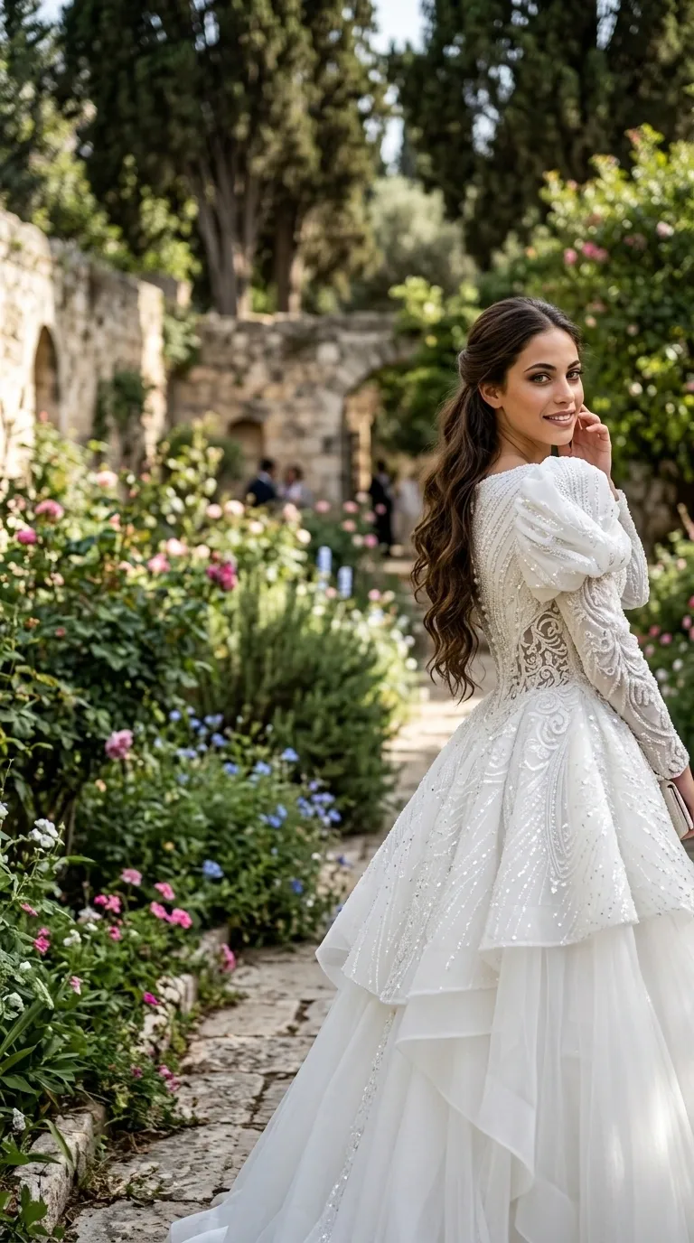 A luxurious white princess-cut wedding dress with a puffy layered skirt that combines tulle, lace, and shimmering sequins. The dress has long sleeves with puffy shoulders decorated with delicate embroidery and beads, and a square back neckline that blends with the ornamental decorations on the body of the dress.