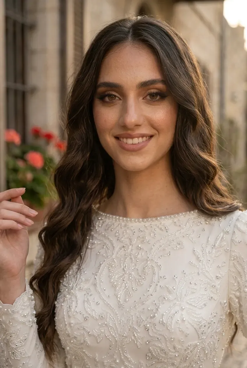 שמלת כלה צנועה תפורה בעיצוב אישי מבדים איכותיים ותחרות וחרוזים שרוולים ארוכים וצווארון סירה