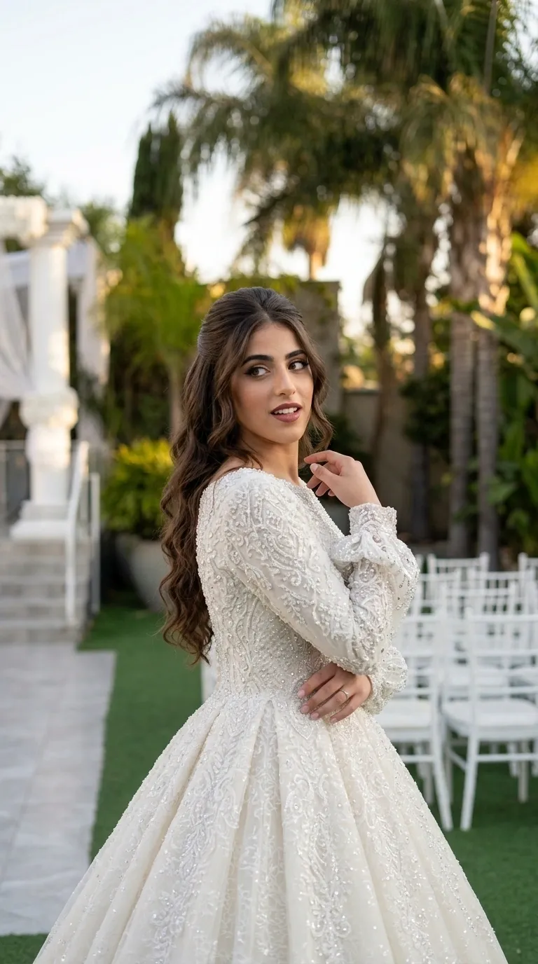 A white wedding dress with a puffy ball gown cut, made of rich fabric decorated throughout with intricate lace, beads and sparkling sequins. The dress features a round, closed neckline and long sleeves ending in cuffs decorated with delicate buttons.
