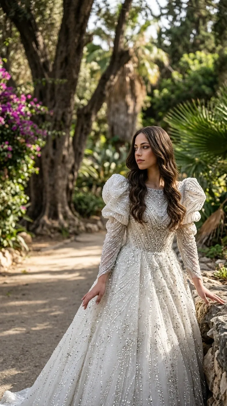 A princess-cut wedding dress with a high round neckline, adorned throughout with sparkling beading and sequins in geometric patterns and vertical lines. The dress features long sleeves with dramatic puffy shoulders designed with layers of fabric, and a wide, rich skirt that continues the intricate embellishments to the hem.
