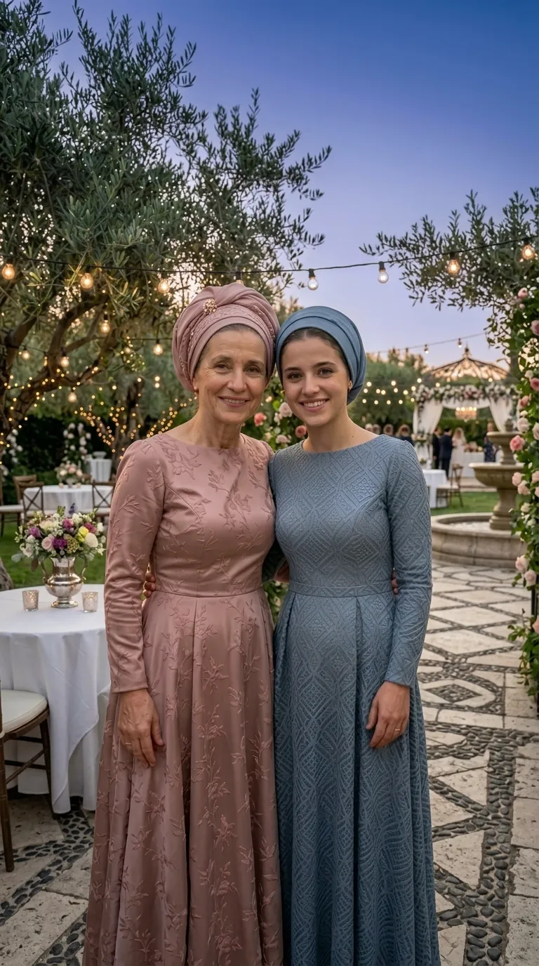 An antique pink evening dress with long sleeves, a closed neckline and a prominent floral texture, alongside a grayish-blue dress with a woven geometric pattern and long sleeves. Both dresses are designed in an A-line with a emphasized waist and a long, flared skirt that includes delicate pleats at the waist.