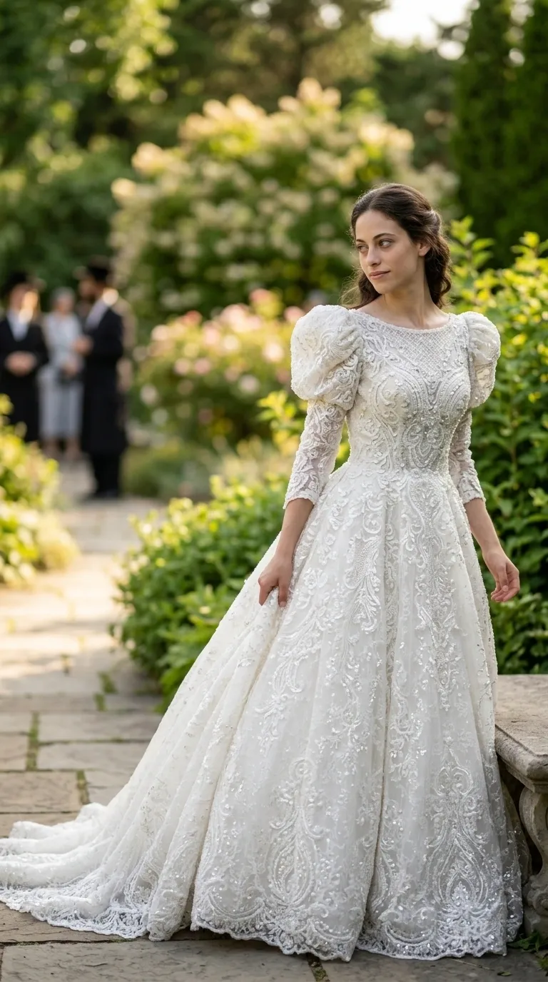 A modest white A-line wedding dress with a high round neckline and three-quarter length sleeves with puffed, accentuated shoulders. The dress is covered entirely in rich lace with intricate embroidery, beads and sequins that give it a shimmering look, and ends with a wide skirt and long train.