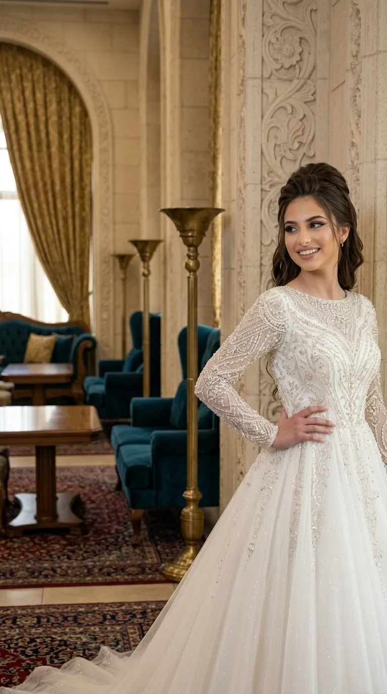 A puffy wedding dress with a long train, made of delicate layers of tulle and combined with rich handwork of beads and pearls. The dress has long tight sleeves and a high round collar, all decorated with complex geometric patterns of luxurious beadwork. The upper part of the garment is tight and densely decorated, while the skirt flares downward and is embedded with sequins and delicate beading decorations all along its length.