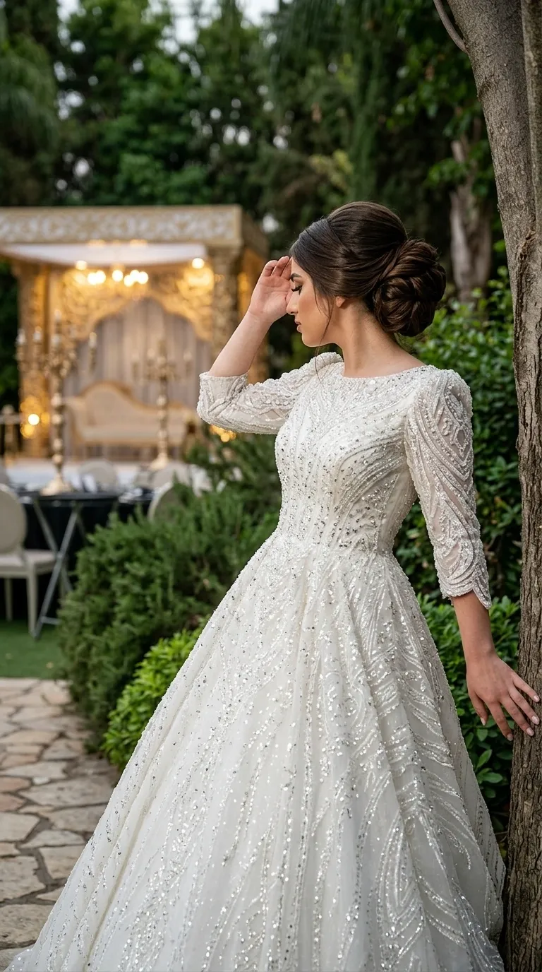 A white princess-cut wedding dress with a puffy skirt and a fitted waist, with three-quarter sleeves and a round, closed collar. The dress is made of a delicate mesh fabric decorated throughout with a dense embroidery of sequins, beads and sparkling decorations in wavy patterns and vertical lines that give it a radiant look and rich texture.