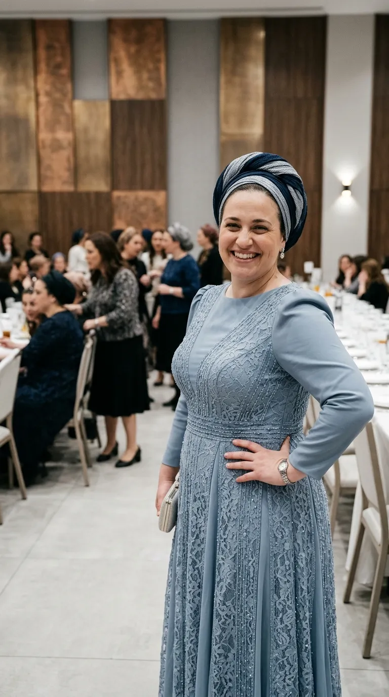 שמלת ערב בגוון תכלת-אפרפר בגזרת A, הכוללת שרוולים ארוכים, כתפיים מוגבהות מעט וצווארון עגול וסגור. חזית השמלה והחצאית מעוטרות בתחרה עשירה ובשיבוץ חרוזים ופייאטים בדוגמה אנכית, בעוד המותן מודגשת בחגורת חרוזים אופקית. השמלה משלבת בד חלק בשרוולים ובצידי הגוף עם פנלים של תחרה וקפלים עדינים בחלקה התחתון הנשפך.