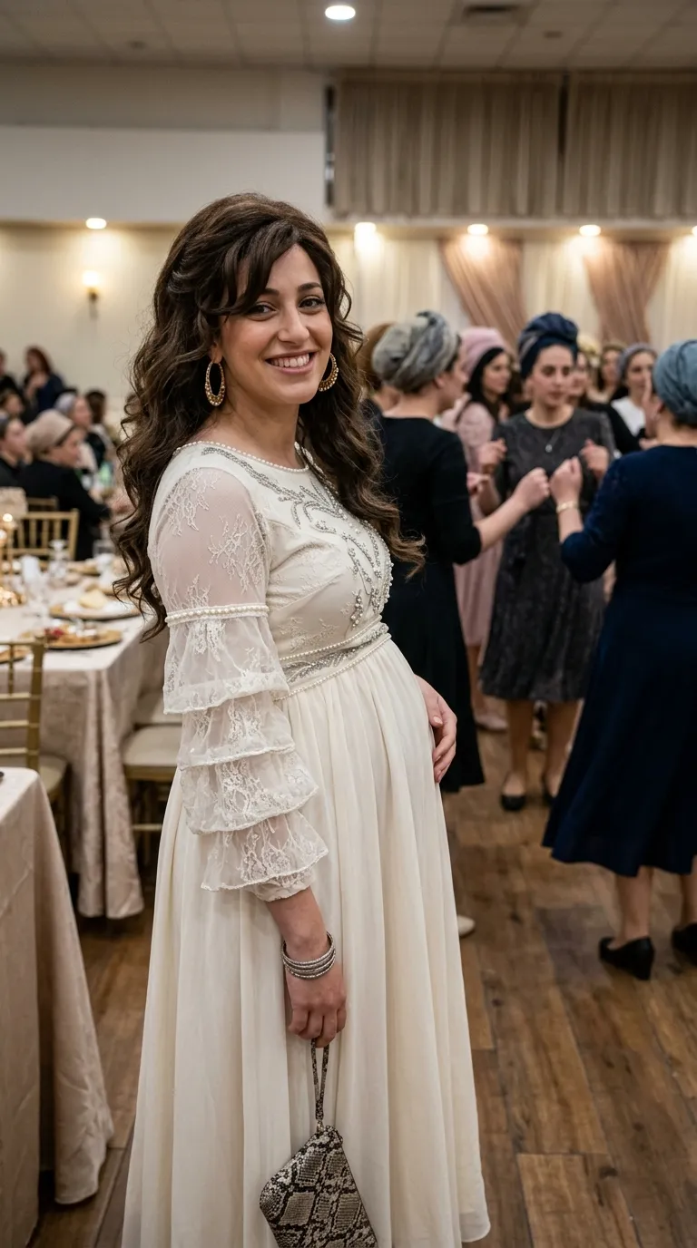 שמלת ערב בגוון שמנת המשלבת חצאית שיפון נשפכת וגזרת מותן גבוהה המודגשת בעיטור פנינים כפול מתחת לחלק עליון עשוי תחרה עם רקמה כסופה. השמלה כוללת צווארון עגול מעוטר ושרוולי תחרה ארוכים המסתיימים בשלוש שכבות של מלמלה מדורגת, המעניקים לבגד מראה יוקרתי ועשיר בפרטים.