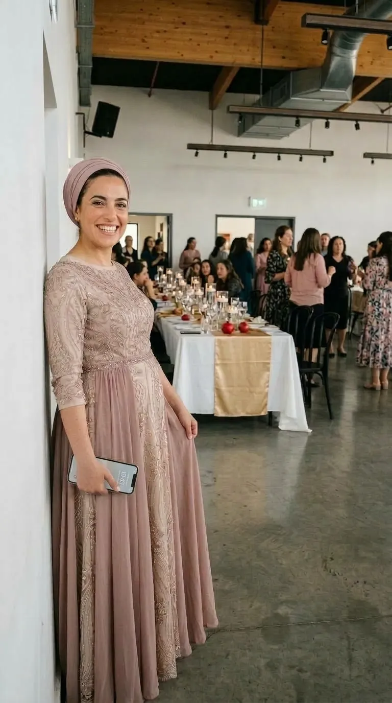 שמלת ערב בגוון ורוד עתיק עם צווארון עגול ושרוולי שלושה-רבעים, המעוטרת ברקמת חרוזים ופאייטים עשירה בדוגמאות אורנמנטליות על גבי הבד. השמלה בעלת גזרת A עם חגורת מותן דקה מחרוזים וחצאית מקסי נשפכת מבד שיפון הכוללת פאנל מרכזי רקום.