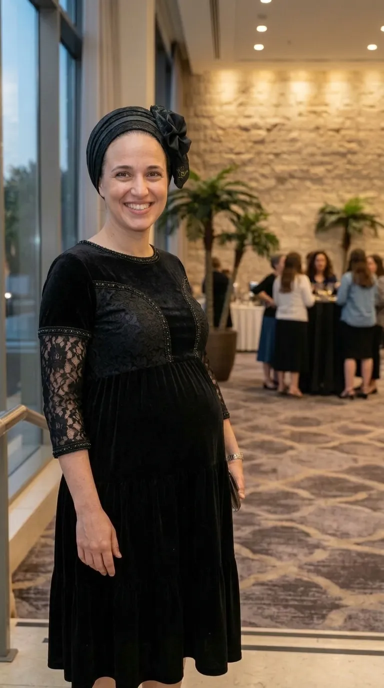 שמלת ערב שחורה מבד קטיפה בעלת גזרת מותן גבוהה וחצאית קומות. לשמלה מחשוף עגול מעוטר בחרוזים ושרוולי שלושה רבעים המשלבים קטיפה עם תחרה עדינה. החלק העליון כולל פאנל מרכזי בעל דוגמה טקסטורלית המודגש בעיטורי חרוזים אנכיים.