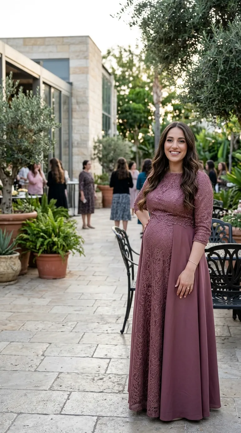 שמלת ערב באורך מקסי בצבע ורוד עתיק, המשלבת גוף תחרה עם חרוזים עדינים וחצאית נשפכת בגזרת A. לשמלה שרוולי תחרה באורך שלושה רבעים וצווארון עגול וסגור, כאשר פאנל תחרה אנכי מעטר את חזית החצאית לצד בד חלק.