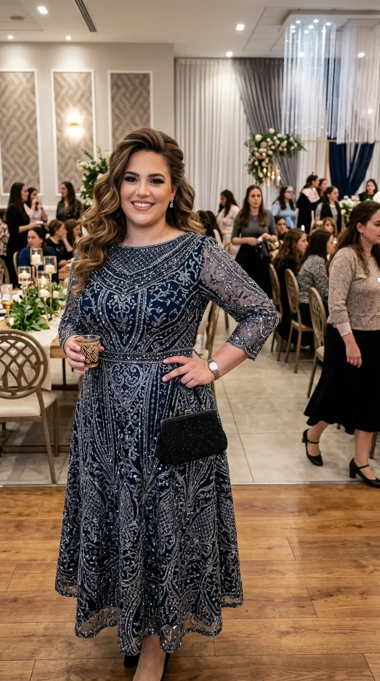 שמלת ערב בגזרת A באורך מידי בצבע כחול כהה, המעוטרת לכל אורכה בדוגמאות גיאומטריות וערבסקות עשירות של חרוזים ונצנצים כסופים על גבי בד רשת. לשמלה מחשוף סירה סגור ושרוולי שלושה רבעים שקופים למחצה, עם הדגשה של קו המותן וחצאית מתרחבת הממשיכה את העיטורים המורכבים.