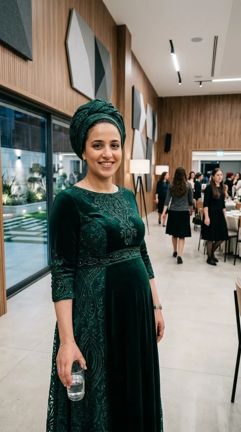 שמלת ערב ארוכה בצבע ירוק אזמרגד עשויה מבד קטיפה עשיר, עם שרוולים באורך שלושה רבעים ומחשוף עגול. השמלה מעוטרת ברקמה מורכבת ובשיבוץ אבנים עדין באזור החזה, המותן והשרוולים, הממשיכים כדוגמאות אנכיות לאורך החצאית. הגזרה היא בגובה המותן ומתרחבת בעדינות כלפי מטה למראה אלגנטי.