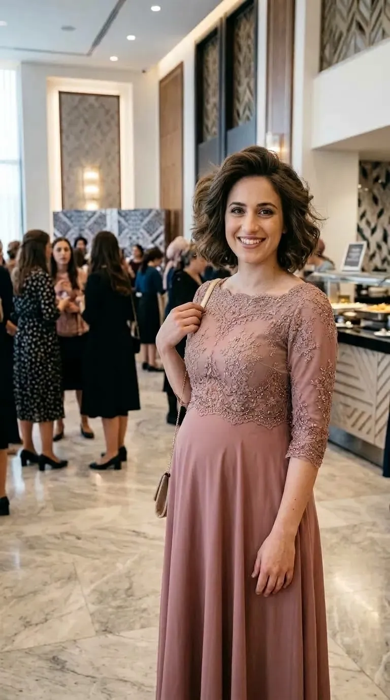 שמלת ערב בגוון ורוד עתיק הכוללת חלק עליון מעוטר בתחרה עשירה ובחרוזים עדינים עם מחשוף סירה ושרוולי שלושת-רבעי שקופים למחצה. עיטורי התחרה גולשים מעט אל קו המותן הגבוה, ממנו נשפכת חצאית ארוכה מבד חלק וקליל בגזרת A רחבה.