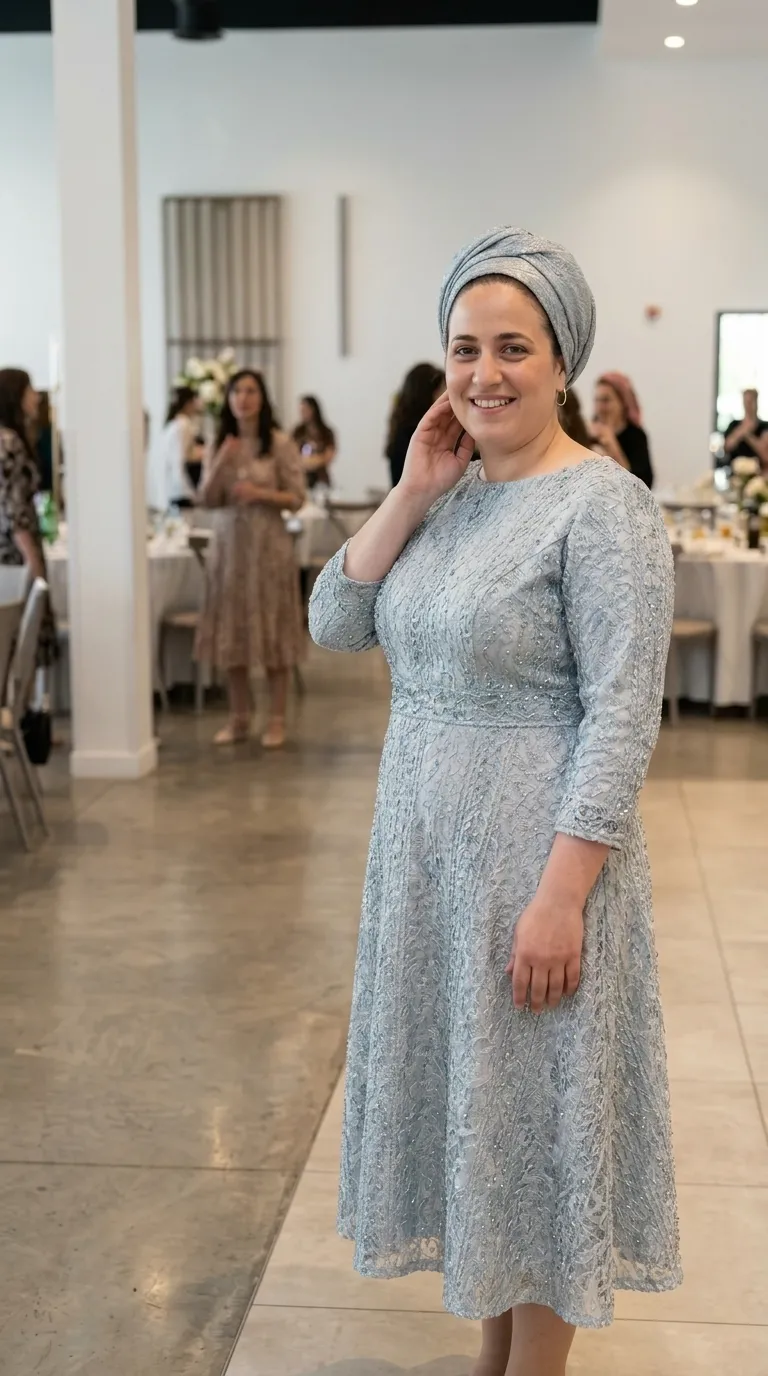 שמלת ערב בגזרת A באורך מידי, עשויה מבד תחרה בגוון תכלת-כסוף המעוטר ברקמה עשירה ובחרוזים עדינים המעניקים לה מראה מנצנץ. לשמלה מחשוף עגול וסגור, שרוולים באורך שלושה רבעים וקו מותן מודגש המעוצב כחלק בלתי נפרד מהדוגמה. החצאית נשפכת כלפי מטה עם סיומת תחרה מעובדת, המשלבת מוטיבים של עלים ופרחים לכל אורך הבגד.