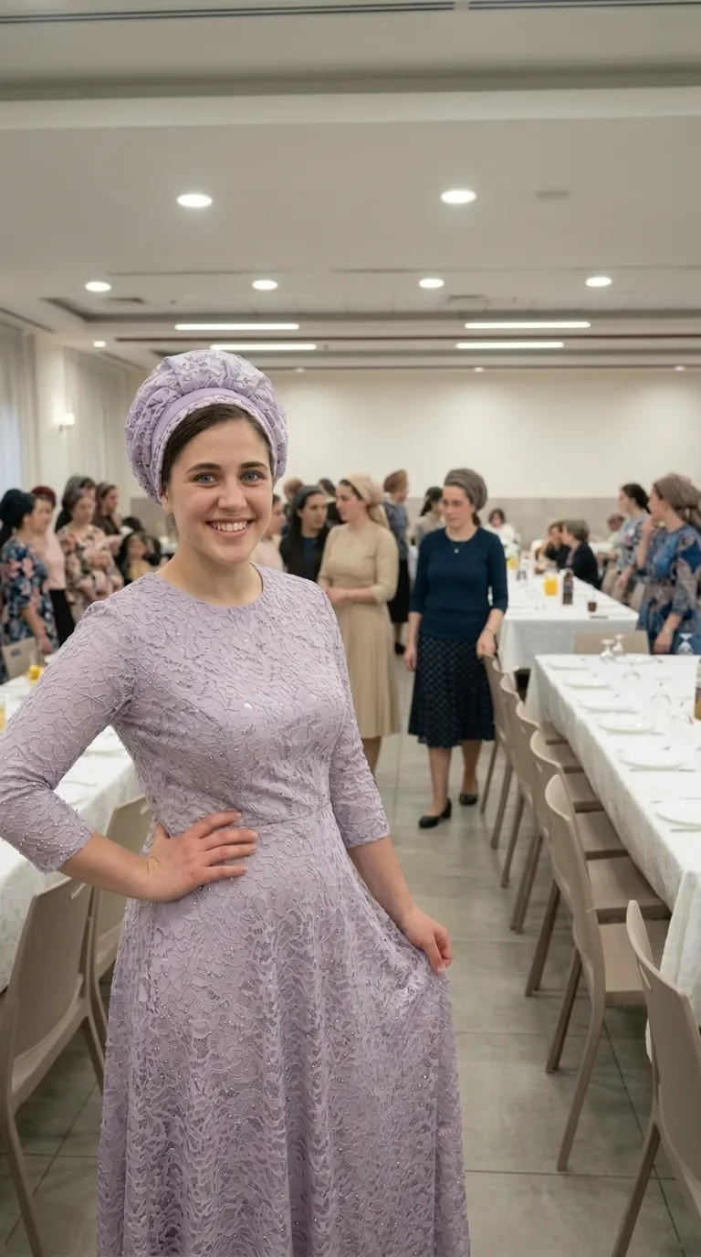 שמלת ערב בגוון סגול לבנדר העשויה מבד תחרה עם דוגמה פרחונית עשירה, המעוטרת בנגיעות עדינות של פאייטים או חרוזים קטנים לכל אורכה. השמלה מעוצבת בגזרת A המתרחבת מהמותן, עם צווארון עגול וסגור ושרוולים צמודים באורך שלושה רבעים.