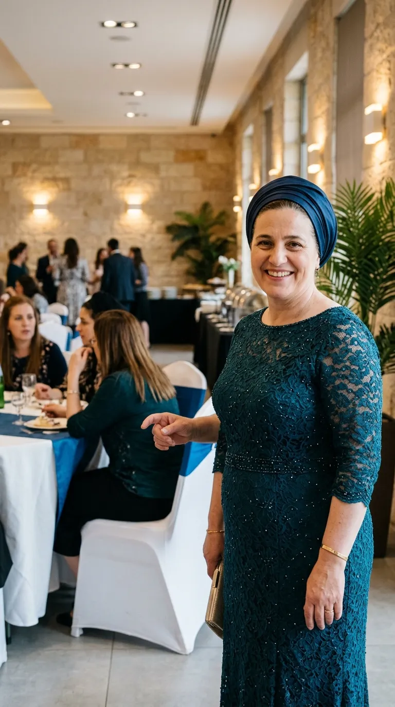 שמלת ערב בגוון כחול-ירקרק כהה העשויה מבד תחרה עשיר המשולב בעיטורי חרוזים וניצנוצים עדינים לכל אורכה. לשמלה גזרה ישרה עם חגורת מותן דקה מעוטרת חרוזים, שרוולי תחרה המגיעים לאורך המרפק ומחשוף עגול וצמוד.