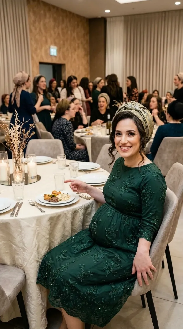 שמלת ערב בצבע ירוק כהה באורך מידי, הכוללת צווארון עגול סגור ושרוולי שלושה רבעים צמודים עם סיומת תחרה. הבגד עשוי מבד תחרה עדין עם אפליקציות פרחוניות ועיטורי חרוזים עדינים לכל אורכו. גזרת השמלה מאופיינת בקו מותן גבוה וחצאית רחבה ונשפכת.