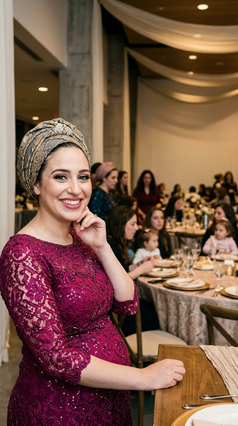 שמלת ערב בצבע מגנטה עמוק עשויה בד תחרה עשיר בדוגמאות פרחוניות ומשובצת פאייטים עדינים למראה מנצנץ. לשמלה גזרה צמודה עם מחשוף עגול המעוטר בשורת חרוזים עדינה ושרוולי תחרה באורך שלושה רבעים המסתיימים בסיומת גלית.